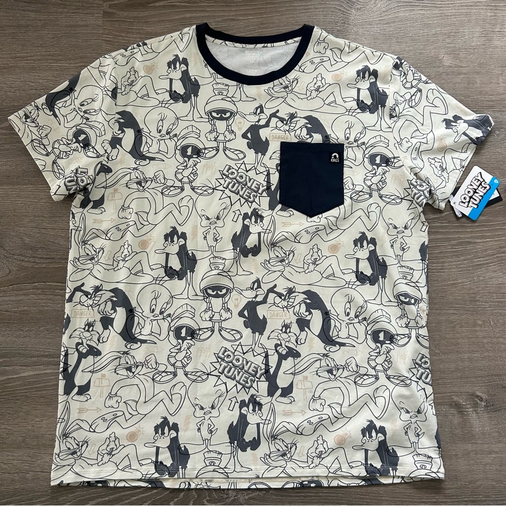 New Mens Rags Looney Tunes Graphic Black and White with Pocket Tee Size XXL